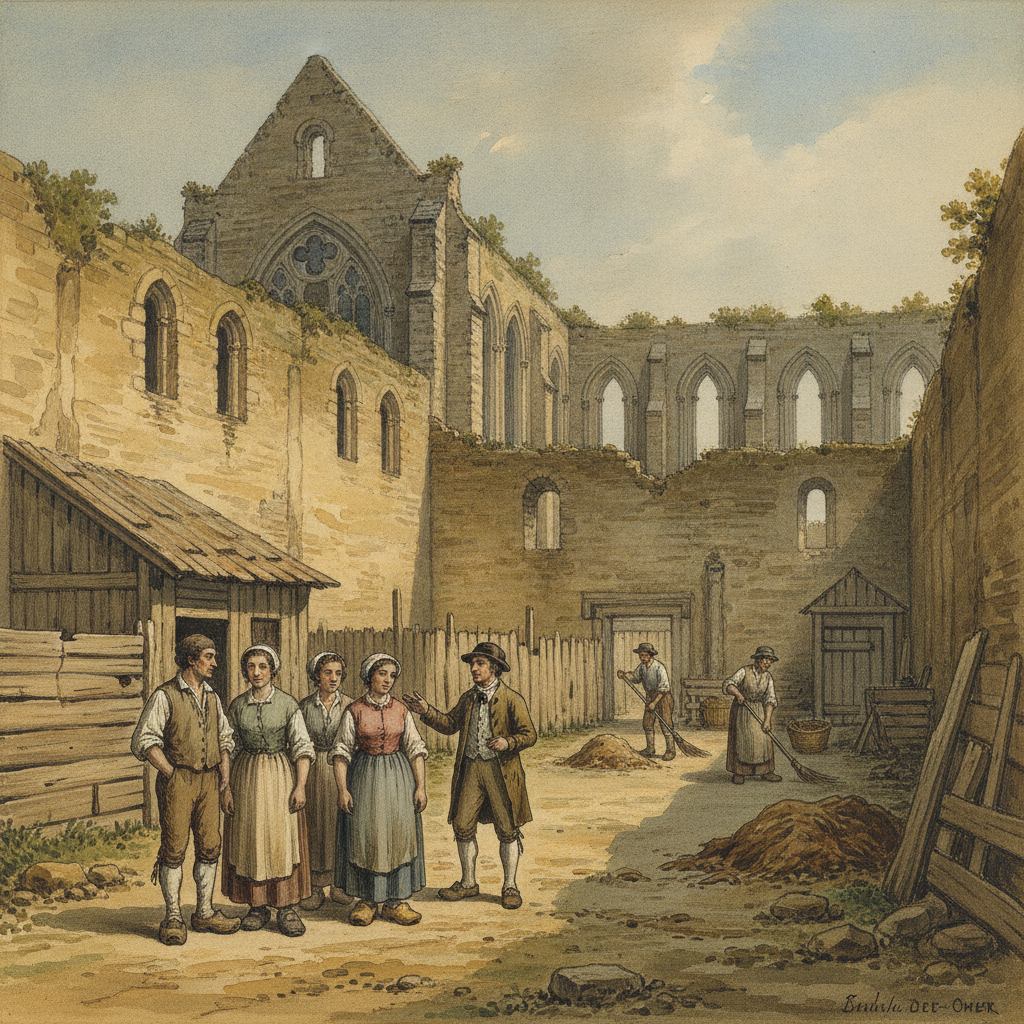 Une gouache représentant des mendiants et vagabonds du début du XIXe siècle devant les ruines de l'abbaye Saint-Bertin à Saint-Omer, transformée en dépôt de mendicité.