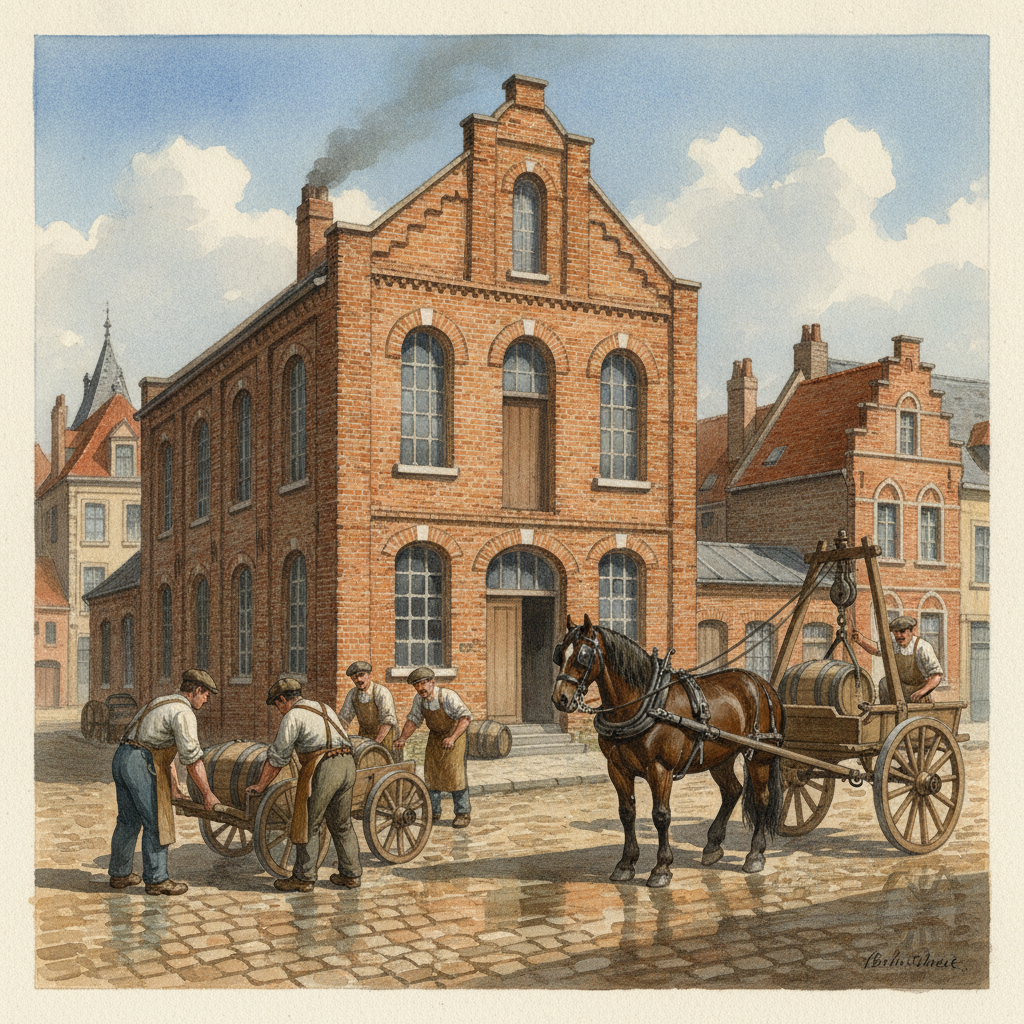 Représentation d'une scène de travail à la Brasserie de Saint-Omer telle qu'elle pouvait être en 1866, avec des ouvriers transportant des tonneaux.