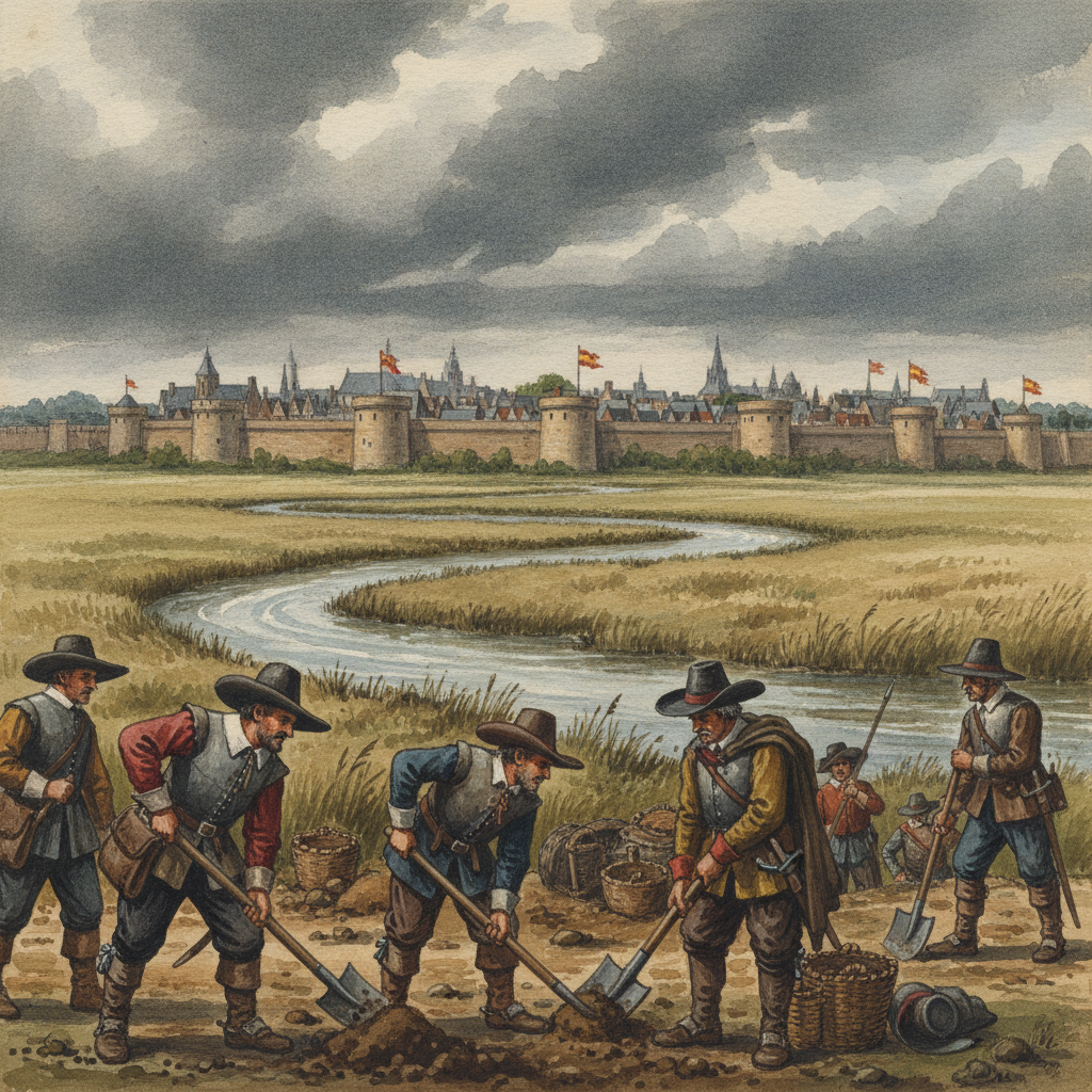 Une scène illustrant les troupes françaises tentant de détourner la rivière Aa devant les remparts de Saint-Omer en 1638. Des soldats creusent une tranchée, d'autres surveillent la ville. Le temps est nuageux.