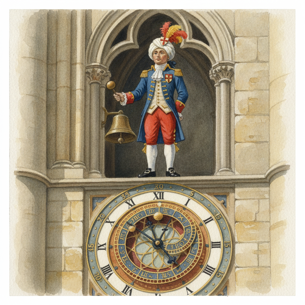 Gouache représentant l'horloge astronomique de la Cathédrale Notre-Dame de Saint-Omer avec le Jacquemart Mathurin.