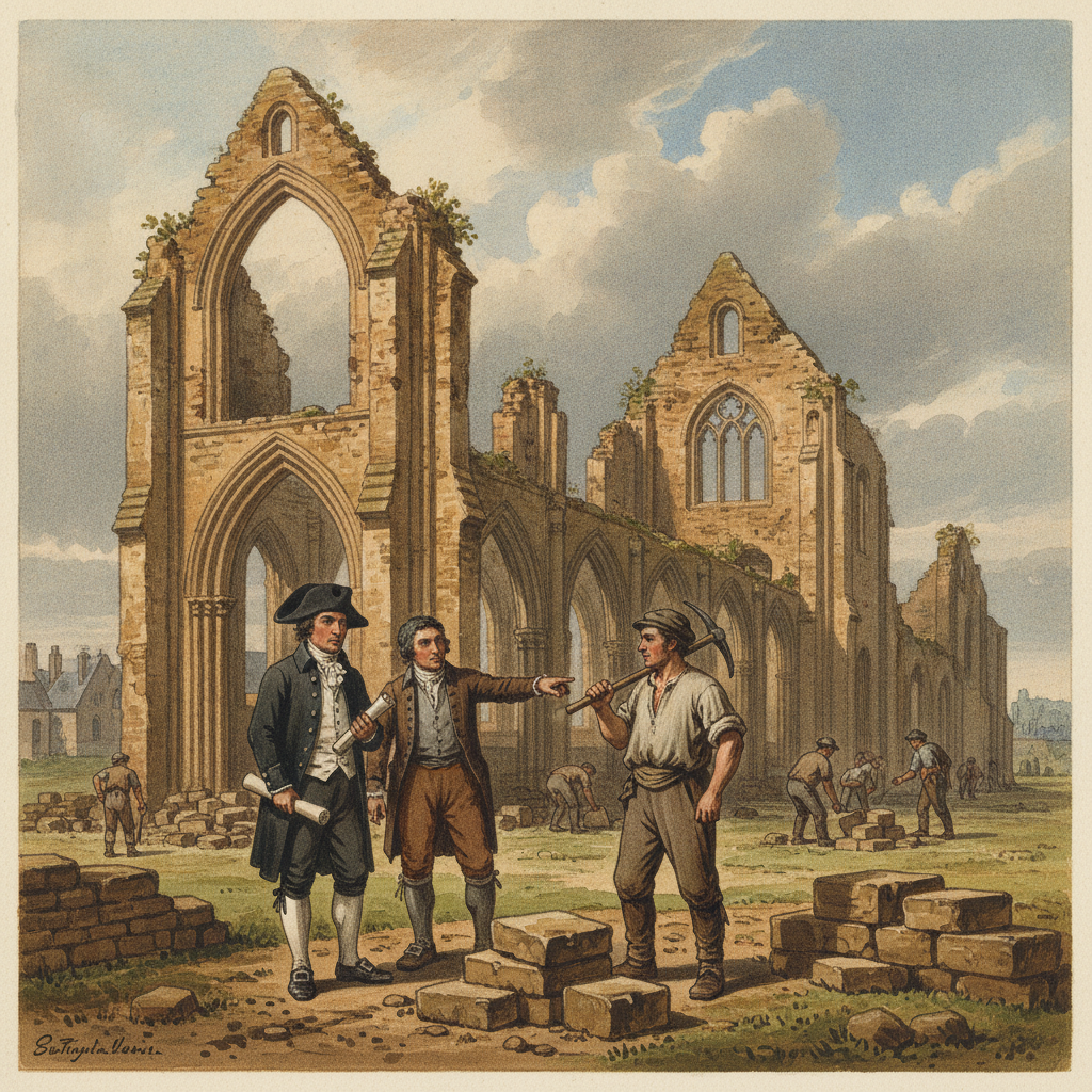 Une scène montrant des hommes en tenue révolutionnaire inspectant les ruines de l'Abbaye Saint-Bertin à Saint-Omer, avec des pierres entassées et des ouvriers s'apprêtant à démolir, sous un ciel nuageux.