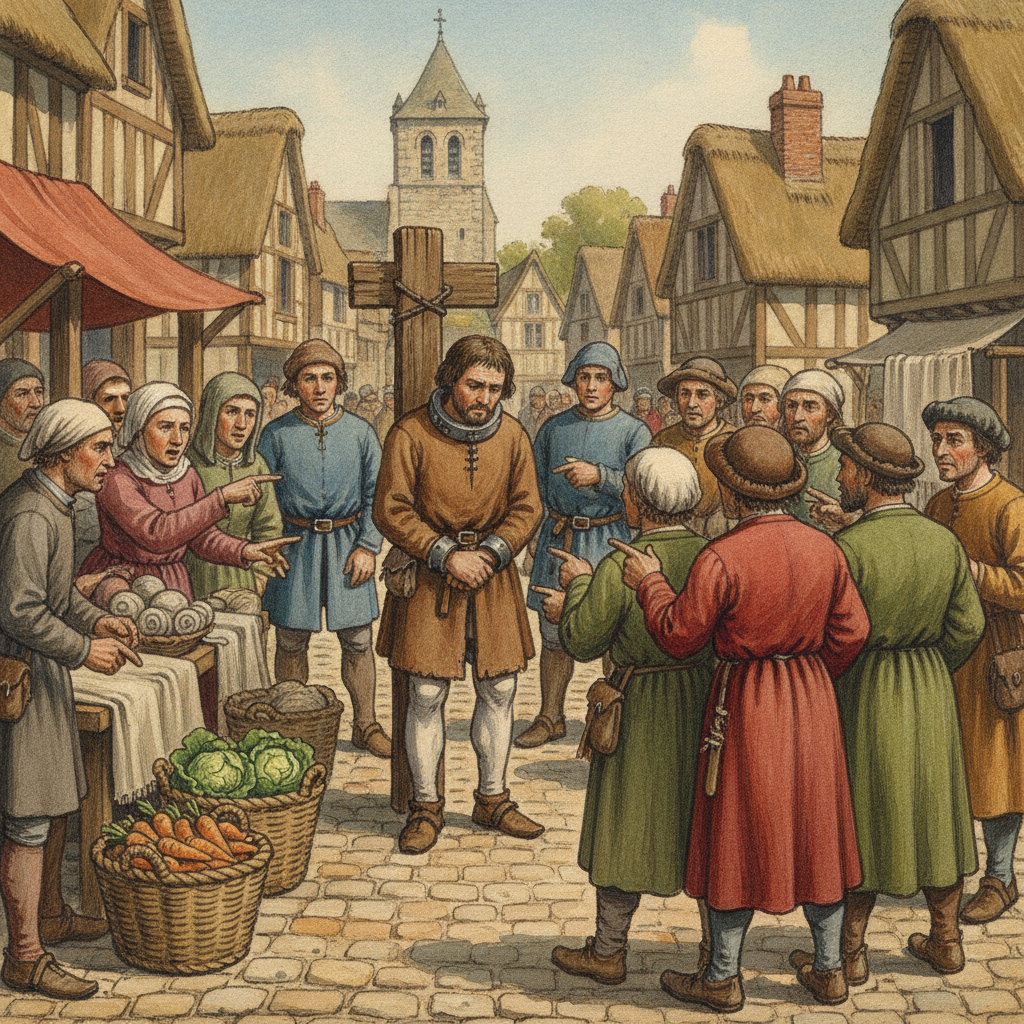 Une scène médiévale sur la place du Marché de Saint-Omer, avec un homme attaché à un pilori en bois, entouré par une foule moqueuse de citadins et de marchands.