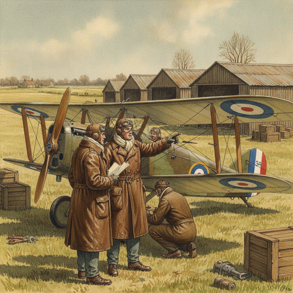 Une gouache représentant des pilotes britanniques du Royal Flying Corps sur l'aérodrome de Saint-Omer-Longuenesse pendant la Première Guerre mondiale, avec un biplan et des hangars en arrière-plan.