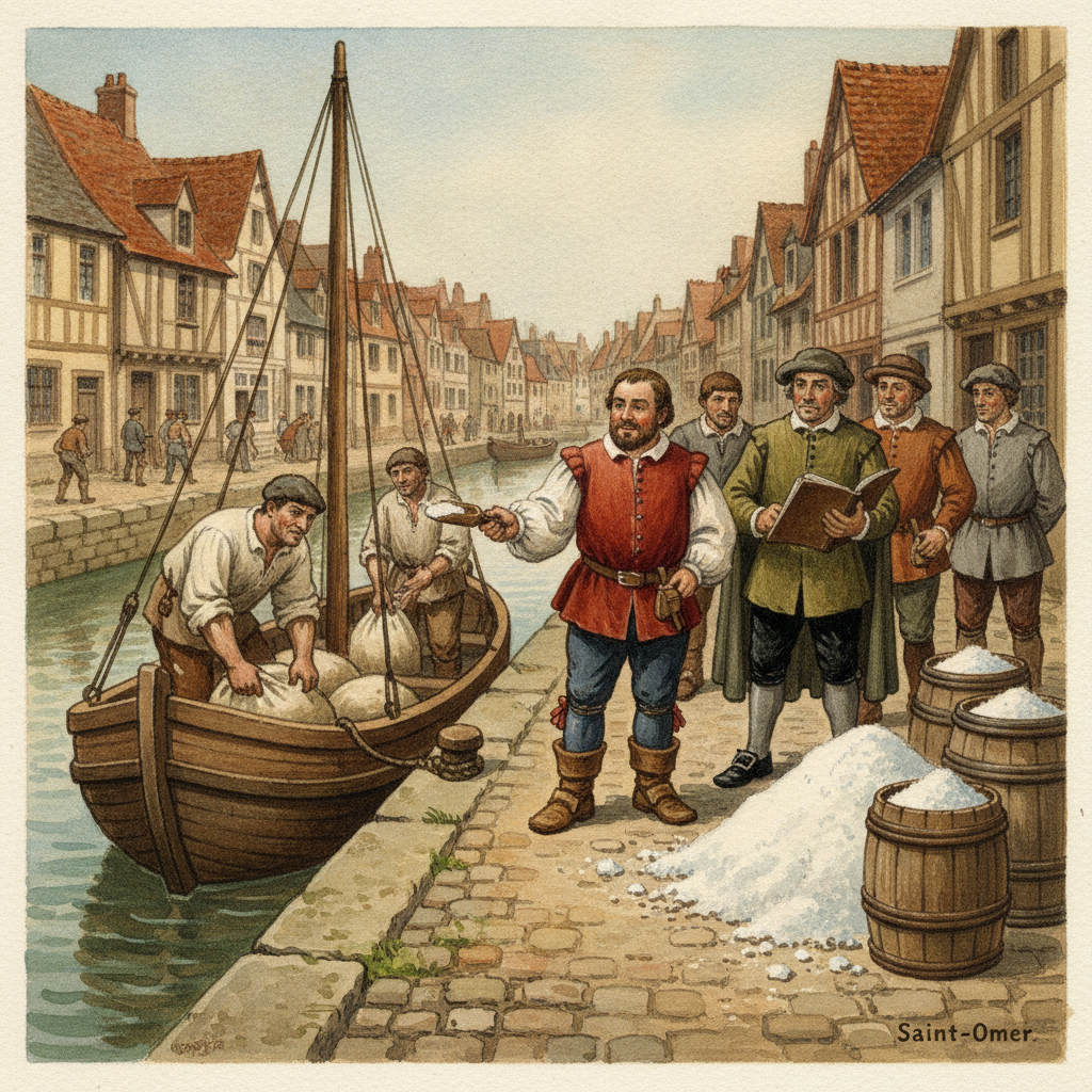 Une scène historique montrant l'arrivée d'une cargaison de sel à Saint-Omer, avec des officiers et des bourgeois réclamant leur dû.