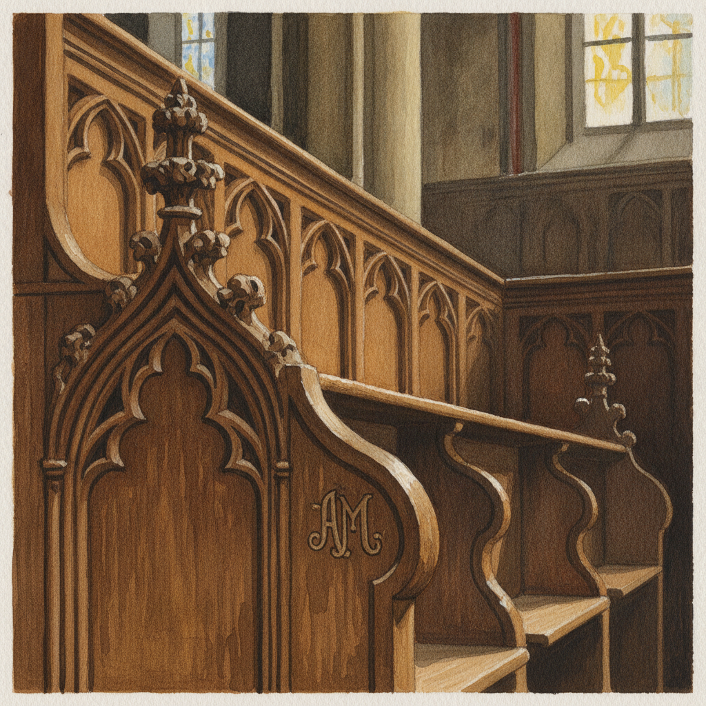 Gros plan sur une stalle en bois sculpté du chœur de la Cathédrale Notre-Dame de Saint-Omer, révélant un monogramme discret.