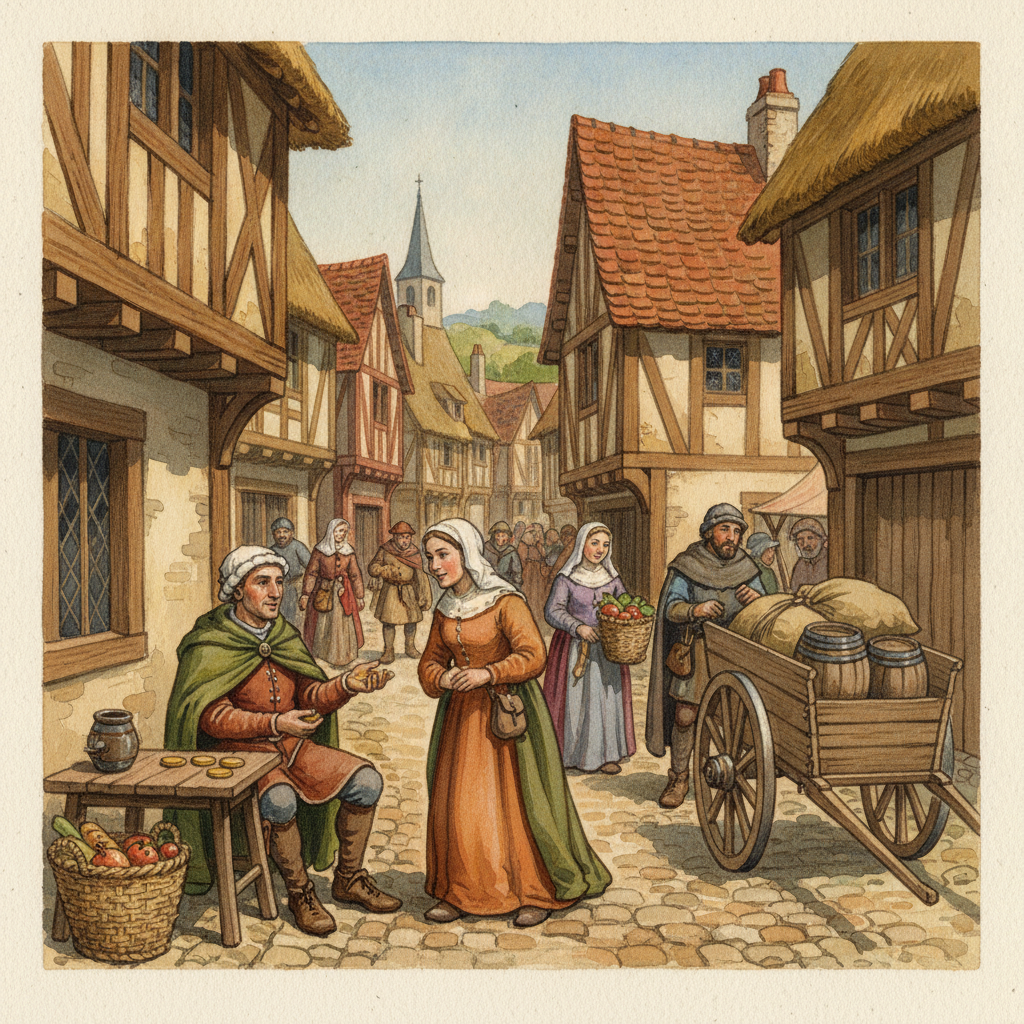Une illustration de la rue des Lombards à Saint-Omer au Moyen Âge, animée de marchands et de prêteurs d'argent.